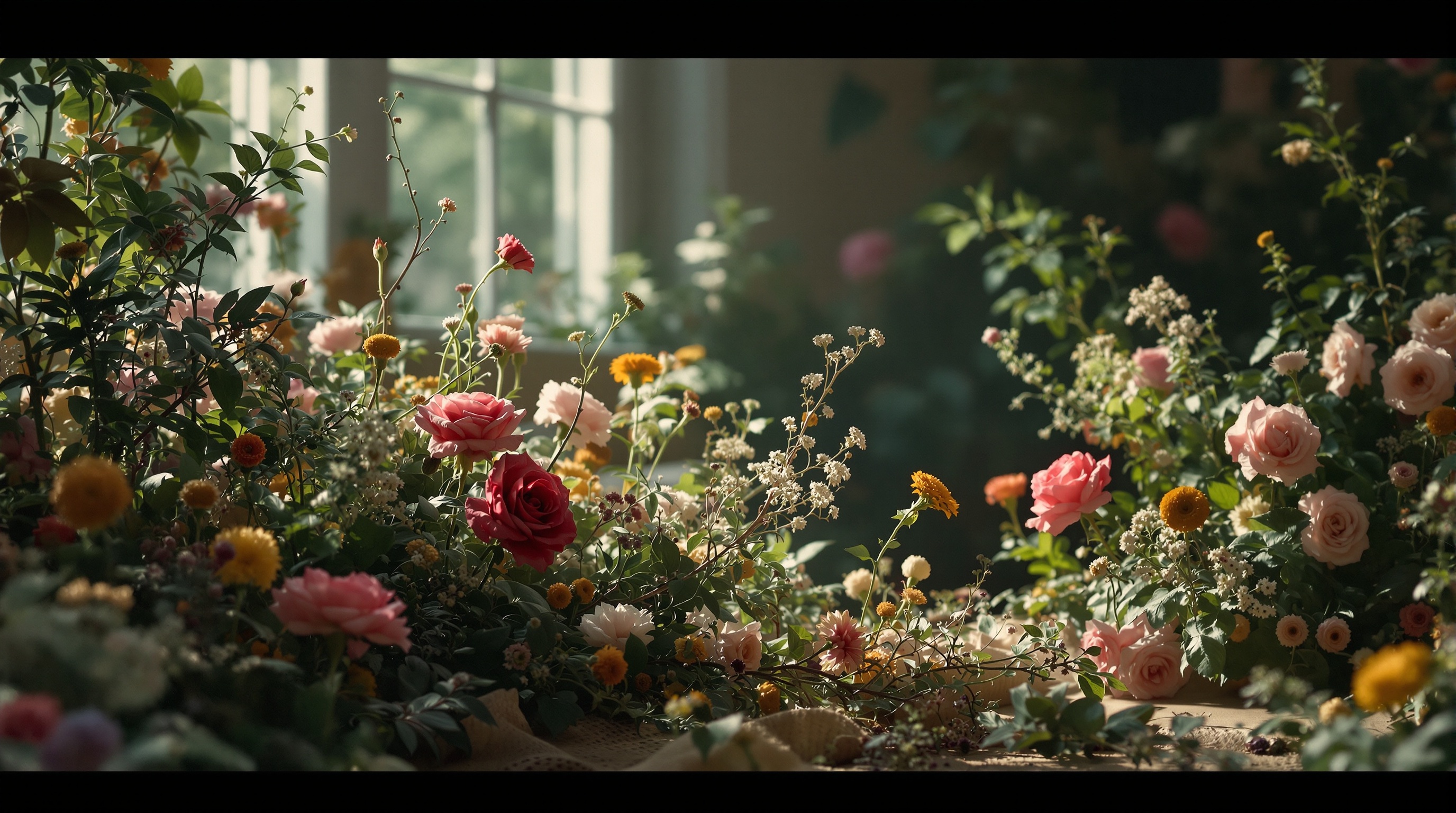 A winding path through a dense, green forest with sunlight filtering through the canopy.