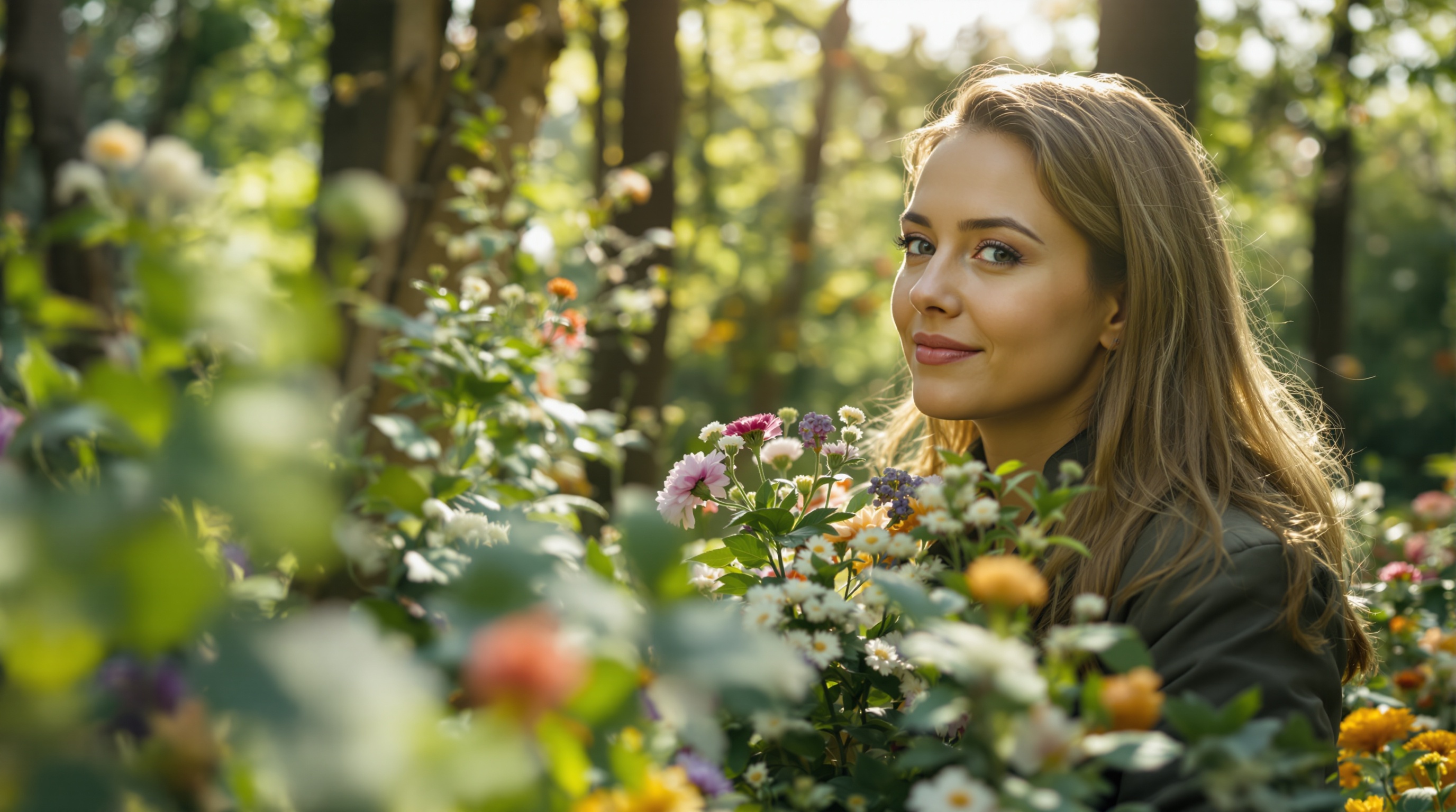 A close-up of a deer peering through the foliage in a quiet forest.