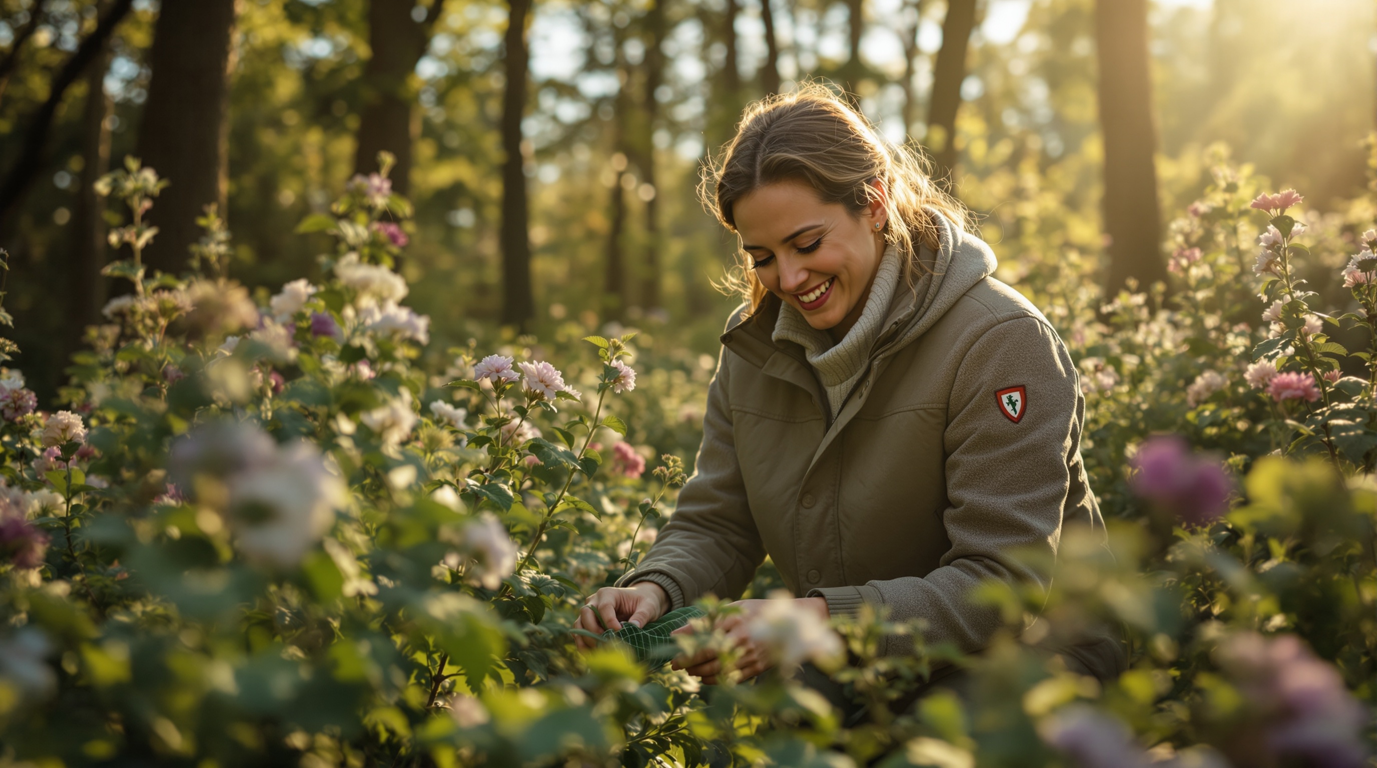 Children laughing as they build a den with branches in a woodland area.