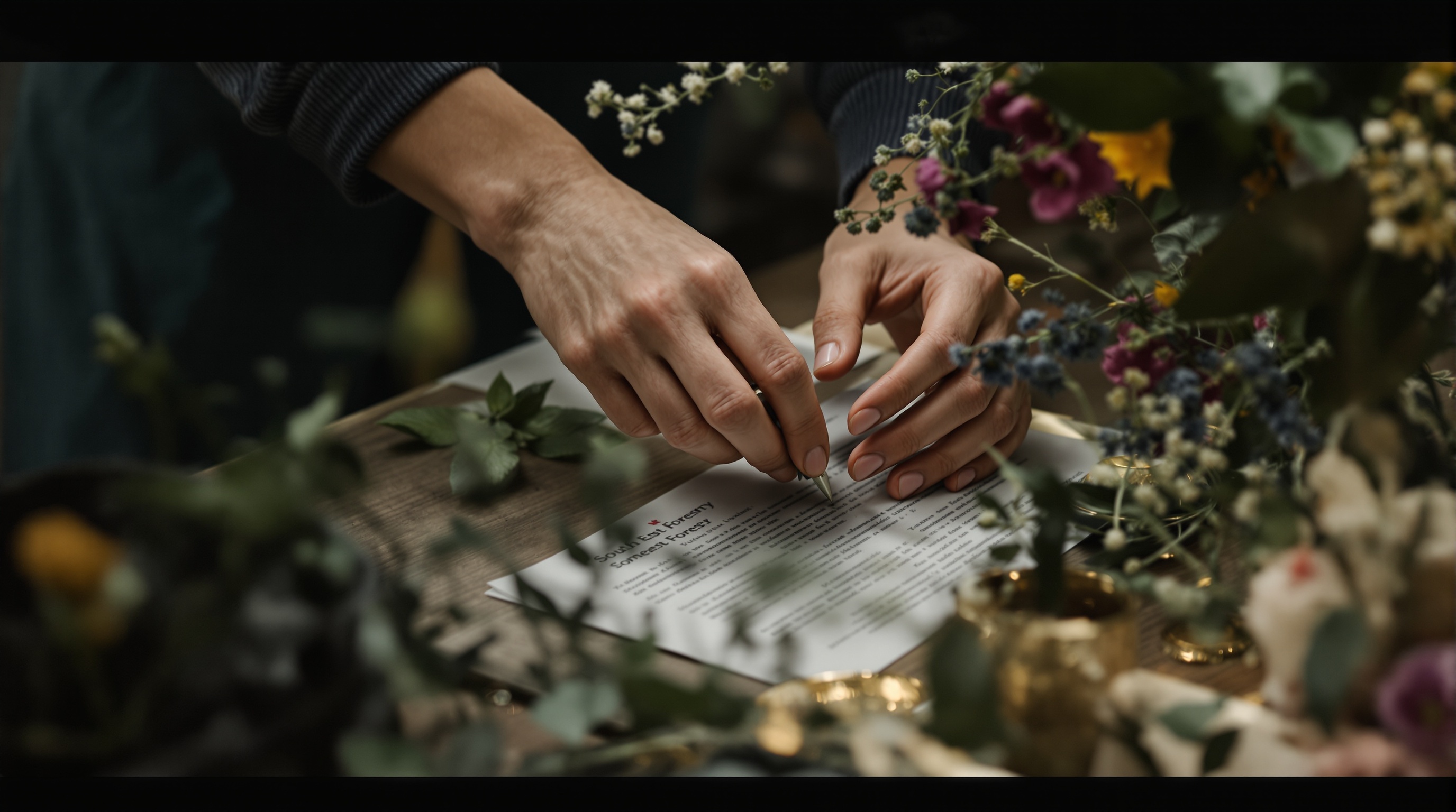 A close-up of a florist's hands carefully arranging delicate, locally-sourced flowers.